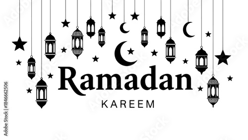 Festive Ramadan Kareem Vector Illustration with Hanging Green Lanterns, Crescent Moons, and Stars for Islamic Holidays