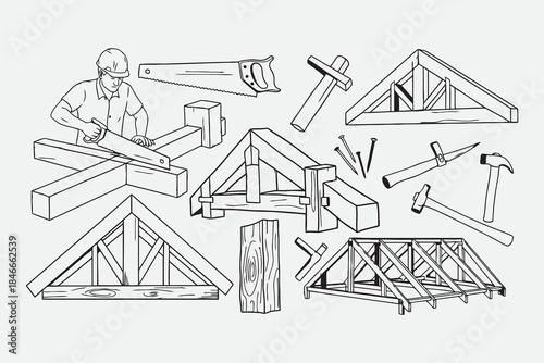 Hand Drawn Carpentry and Wooden Framing Illustration Set