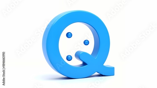 A 3D rendering of a blue letter Q with a smiley face on it.