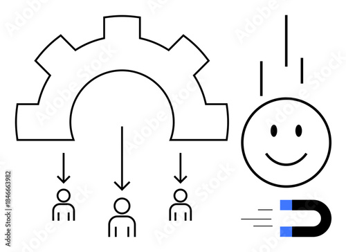 Customer retention concept. Symbols of gear, people, and magnet business efficiency, attracting clients, and building customer satisfaction. For business, marketing strategies, customer loyalty