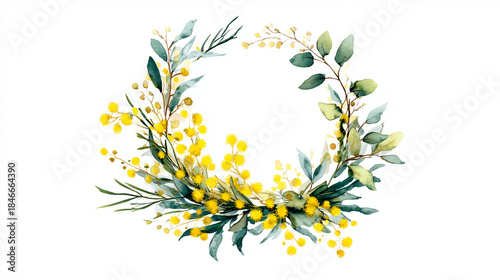 ミモザとユーカリの水彩画風リースフレーム