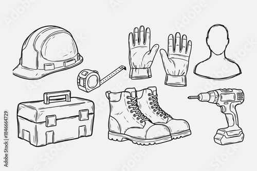 Hand Sketched Construction Tools and Safety Gear Vector Set