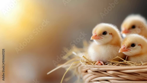 Newborn fluffy yellow chicks cuddled together in a wicker nest of straw, gazing curiously and representing spring, new life, innocence, and Easter joy