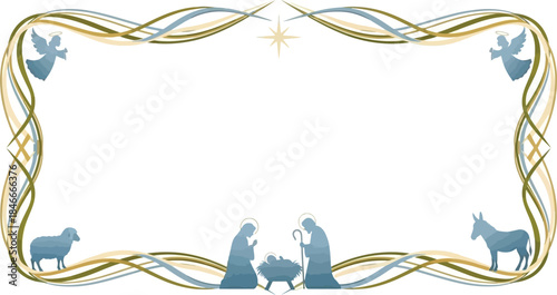 Serene Nativity Scene Frame with Holy Family Silhouettes, Angels, and Star of Bethlehem for Religious Themes