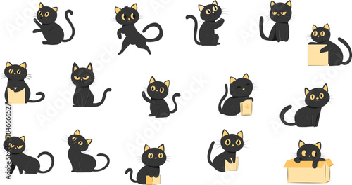 Set of cute funny kittens in different poses and angles, black cats, vector