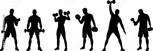 Set of silhouettes of men with dumbbells, athletes, gym, vector