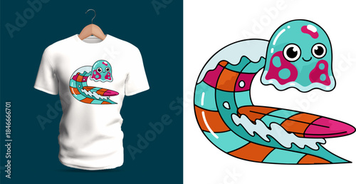 Vector T-shirt design of a colorful snake-like creature surfing on an abstract patterned wave. The character features bright scales, large expressive eyes, and smooth flowing curves