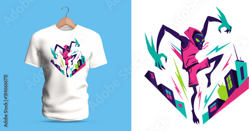 Vector T-shirt design of a masked agile hero leaping between buildings in sharp angular shapes. The character has long limbs, vivid colors, dynamic poses, and stylized city silhouettes