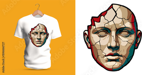 Vector T-shirt design of a cracked stone statue head with detailed fractures, shadows, and sculpted facial features. The piece combines classical aesthetics with modern stylized color edges