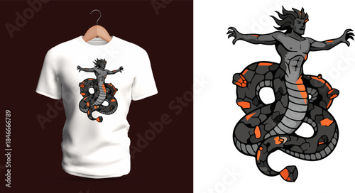 Vector T-shirt design of a serpentine creature coiling upward with multiple arms. Its body features segmented scales, orange glowing accents, and dramatic curves, forming a mythological hybrid beast