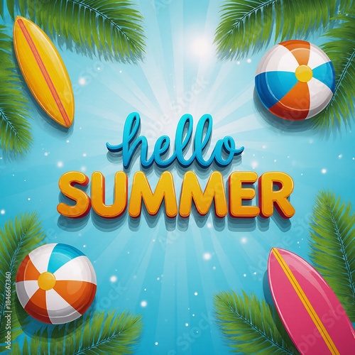 A tropical summer greeting illustration featuring a floater beach ball and surfboard on a vibrant sunny background