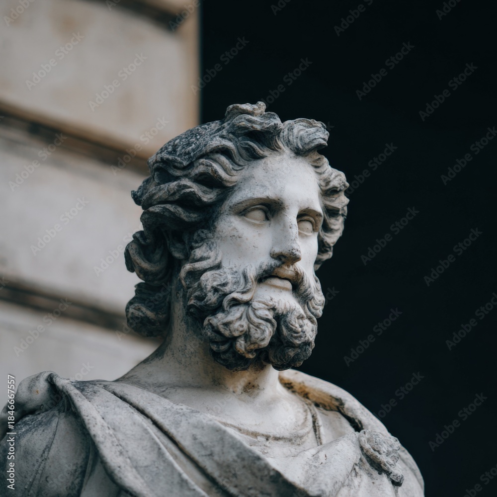 Naklejka premium Ancient greek marble statue of bearded male figure with draped clothing