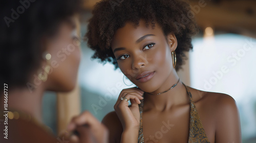 A casual fashion advice moment between friends, one helping the other accessorize an outfit at home before an event. cinematic color correction, natural uneven lighting yet gentle backlight, soft