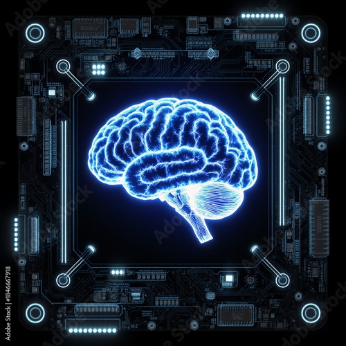 Digital hologram of a brain on futuristic circuit board illuminated by glowing neural pathways