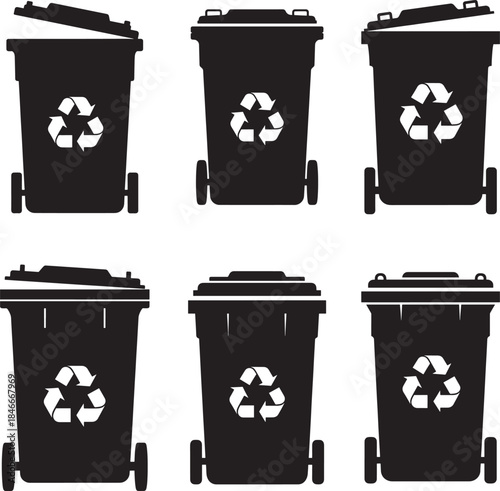 Six different black recycling trash can icons for environmental design