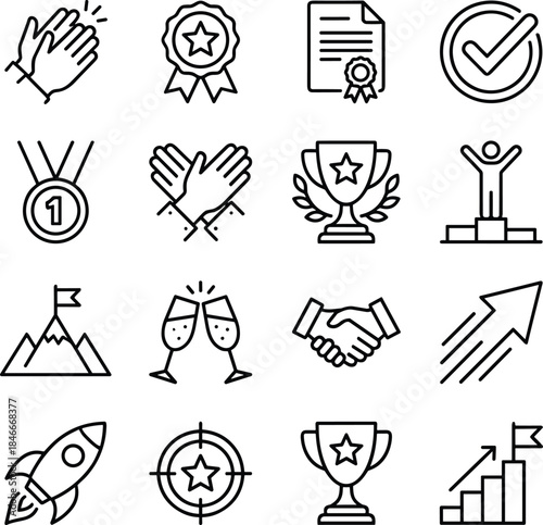Business success achievement line icons set, award goal target growth strategy motivation startup vector illustration outline minimal design, modern symbols