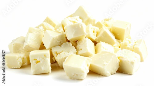 A pile of white, unprocessed cheese chunks ready to be enjoyed.