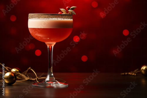 Festive christmas cocktail. Studio shot against a red background