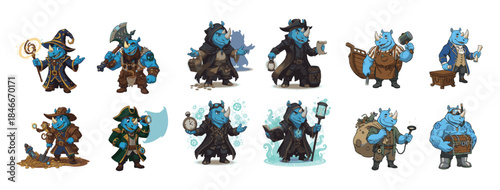 Large Collection of Cartoon Rhinos with Pirate Gear, Spyglass, Cooking Pot, and Treasure Chest.