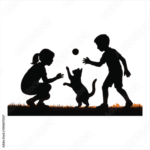 Children and cat playing together in the grass with a ball, a silhouette illustration of friendship and playful interaction outdoors