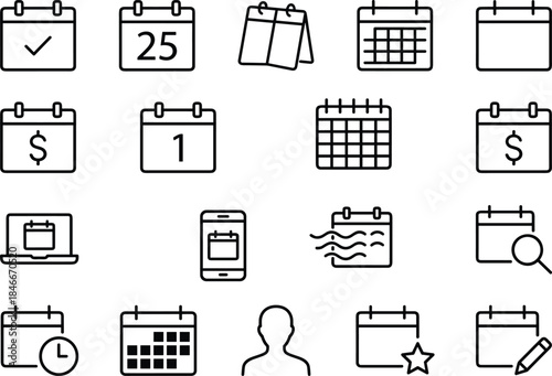 Calendar schedule line icons set, planning reminder date finance event management symbols, outline vector illustration for web app interface design