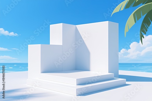 White 3D cubes box podium background with blue sky scene in summer style. Minimalist studio mockup pedestal. Abstract stand product display presentation, Stage for showcase. Vector platform design.