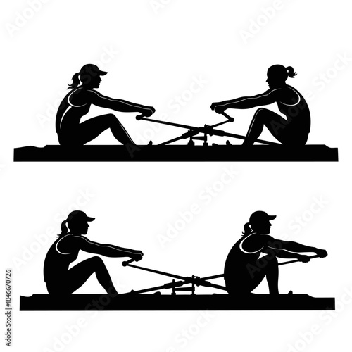 Silhouettes of two women rowing in unison during a competition
