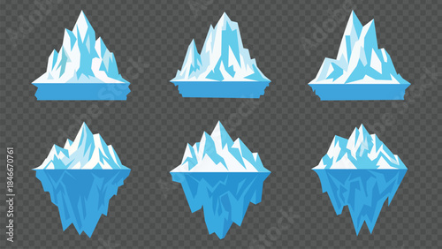 Collection of six blue and white iceberg graphics on a transparent background