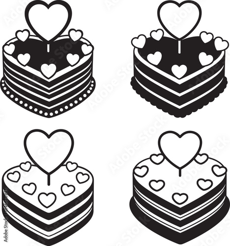 Four black and white heart-shaped cakes with toppers, perfect for love celebrations