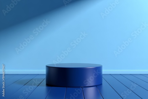 3d rendering empty mockup dark blue cylinder podium in portrait light blue wall and floor