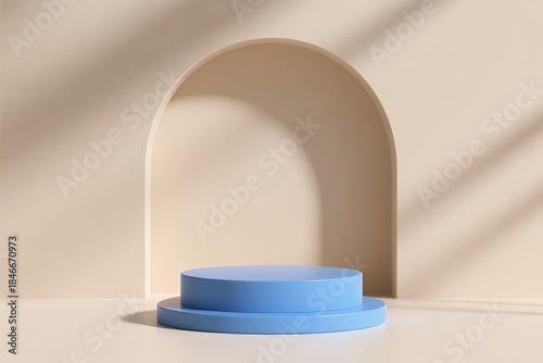 blue cylinder podium in landscape arch backdrop beige color, 3d render image mockup template