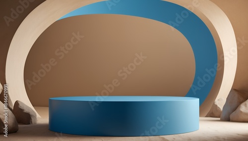 blue cylinder podium in landscape arch backdrop beige color, 3d render image mockup template