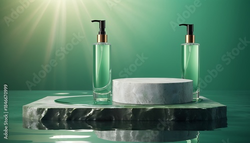 Modern Mockup Step Stone Podium Display Set On Ripple Water 3D Render Background