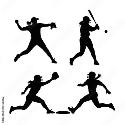 Silhouettes of women playing softball in various action poses