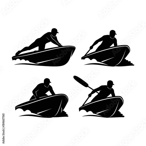 Silhouettes of kayakers engaged in different paddling actions and positions