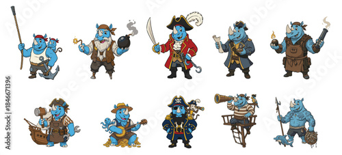 Complete Pirate Rhinoceros Crew Design Kit. Including Captain, Cook, Artist, and Treasure Hunter.