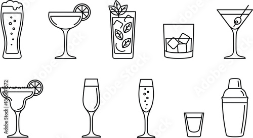 Cocktail drink line icons set, alcohol beverage glasses collection, bar menu symbols vector illustration outline minimal design modern editable pack