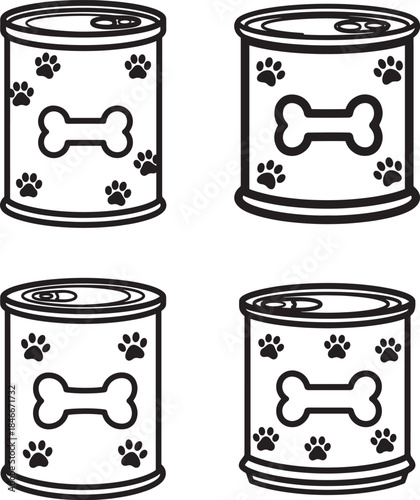 Line art illustration of four cans of dog food featuring paw prints and bone symbols