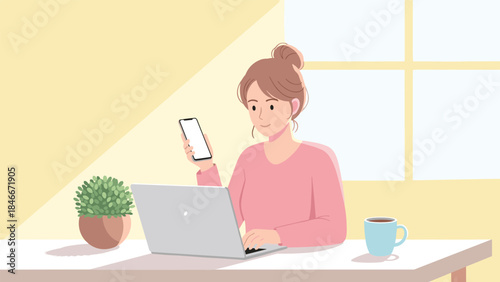 Bright Modern Home Office Woman Laptop Smartphone Comfortable Remote Work Productivity Vector Illustration