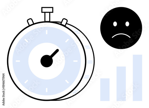 Time management concept. declining performance as illustrated by stopwatch, sad face, and bar graph. Time management affecting productivity, deadlines, and efficiency. For business strategies