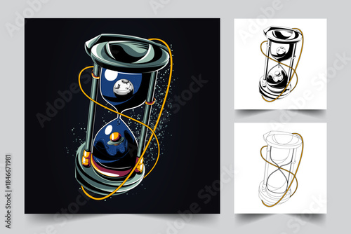 Surreal Cosmic Hourglass Illustration with Moon and Planet Concept