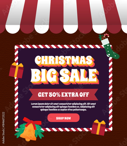 Christmas Big Sale storefront banner offering 50% extra off. Ideal for holiday promotions, seasonal discounts, and e-commerce marketing campaigns.