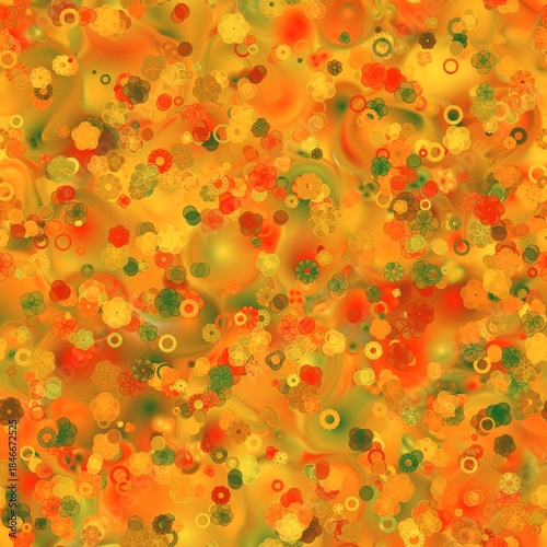 Abstract multicolored floral pattern with blurred background. Seamless hand drawn texture. Reddish orange, pine green, bright gold and carrot orange colors.