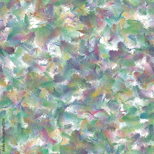 Abstract pattern, vibrant and diverse color palette. Multitude of small, irregular shapes and speckles in shades of green, purple, pink, yellow, and brown colors. Seamless hand drawn background.