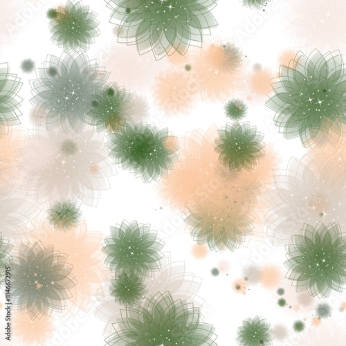 Military green, deep peach and satin linen transparent flowers on the white background. Seamless hand drawn pattern for wrapping, textile, print