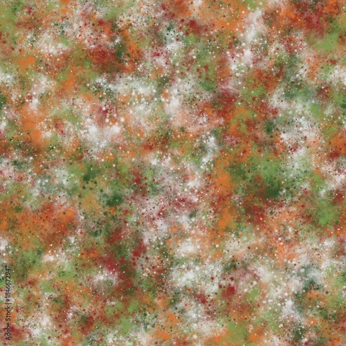 Abstract vibrant brush strokes, stars and galaxy imitation. Seamless hand drawn pattern. Brownish red, brownish orange, army green, flat green and white colors.