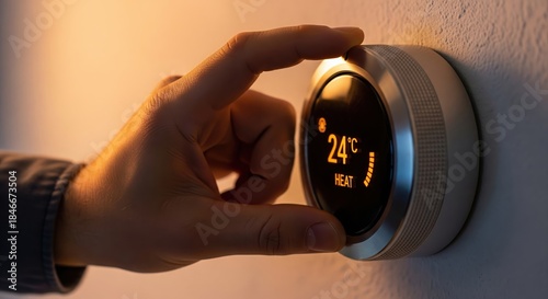 Hand Adjusting Smart Thermostat Displaying Temperature and Heating Mode Settings