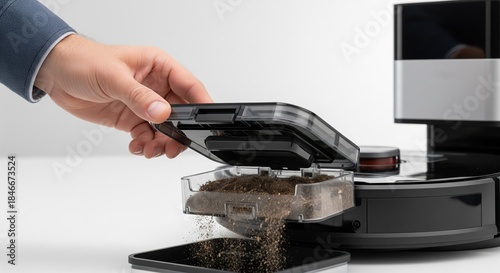 Hand Emptying Dust Bin of Robotic Vacuum Cleaner with Dust and Debris Falling Out