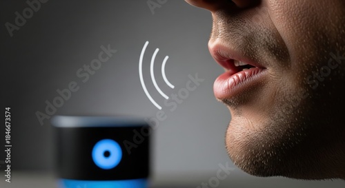 Close-Up of Man Speaking to Smart Speaker with Voice Recognition Technology