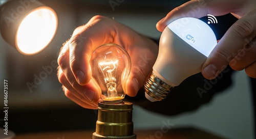 Hands Replacing Traditional Bulb with Smart LED Bulb for Modern Lighting Solutions